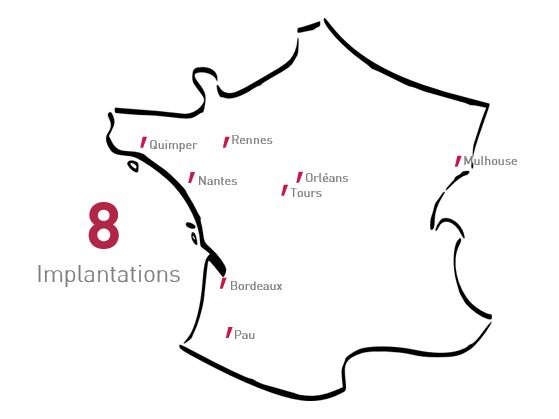 Siège Social: Orléans - 3 Agences: Bordeaux, Nantes et Mulhouse - 4 Etablissements secondaires: Pau, Quimper, Rennes, Tours.