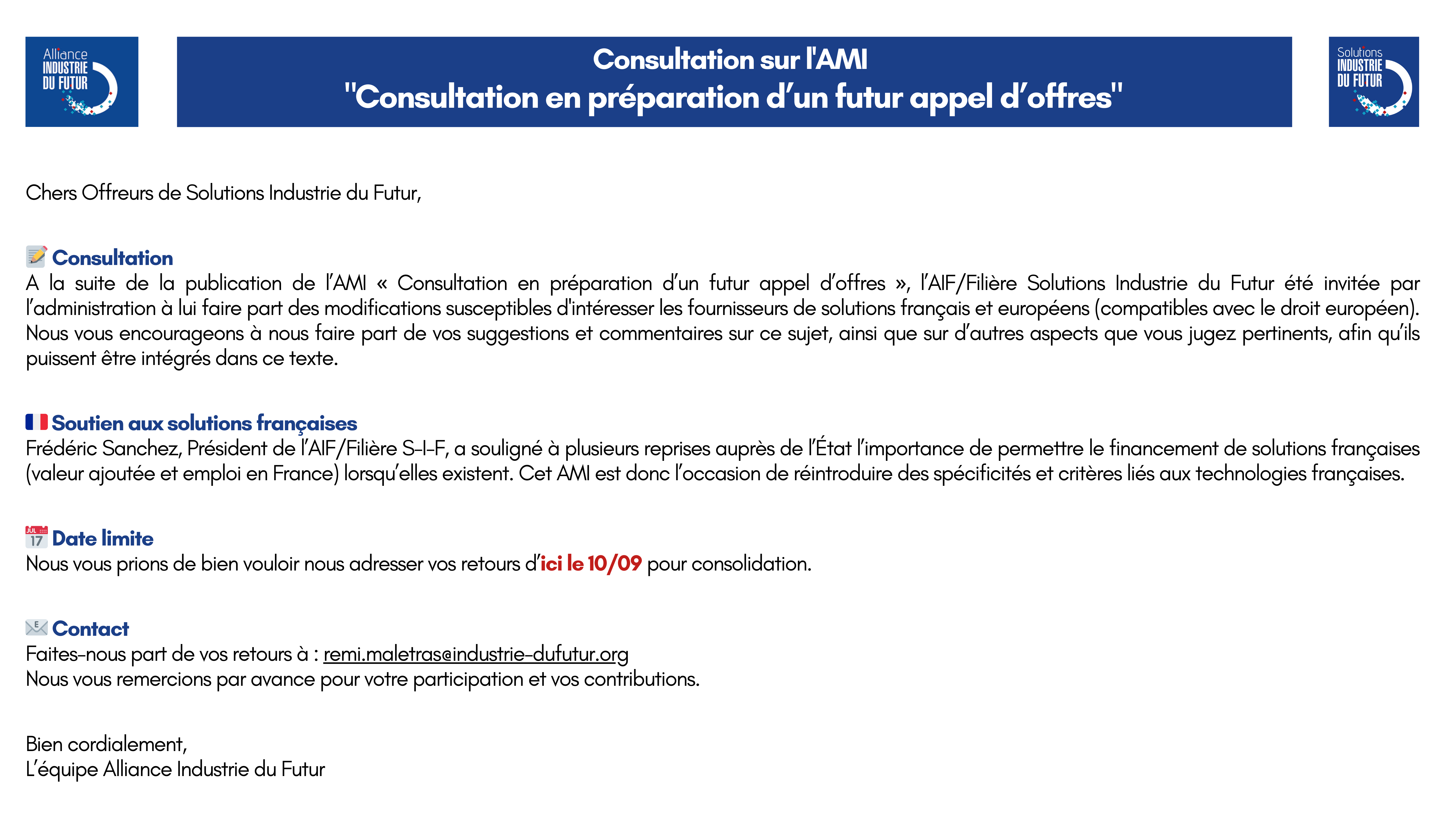 Date limite : consultation sur l'AMI 10/09