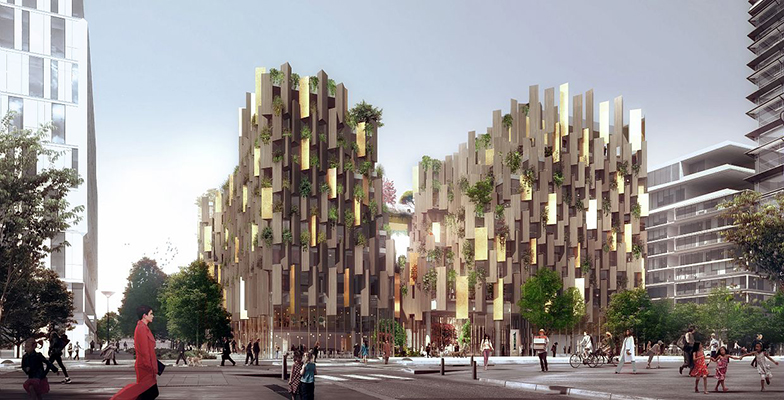 Projet « Aurore », un hôtel 4 étoiles et une auberge de jeunesse (Compagnie de Phalsbourg et Station F Projects, Kengo Kuma et Nicola & Adélaïde Marchi architectes). © Compagnie de Phalsbourg