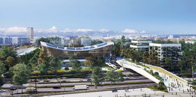 Le Centre aquatique olympique et le franchissement piéton de l'A1. © VenhoevenCS/Ateliers 2/3/4/Proloog