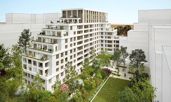 Le projet en forme de gradins de Kaufman _ Broad imaginé par Devillers _ associés longe en coeur d’îlot un vaste espace vert. © D_A