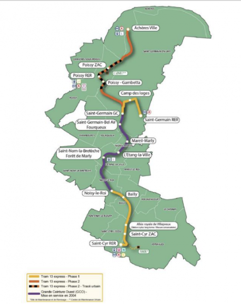 Tracé du Tram 13 express. (Source : Schéma de principe complémentaire, mai 2017)